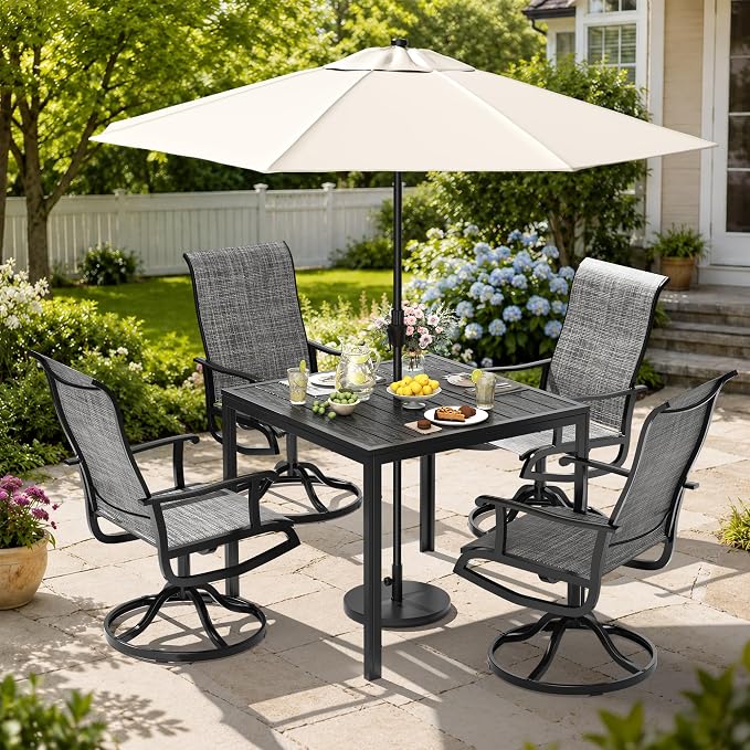 Pamapic 5-Piece Outdoor Dining Set, All Weather Patio Table and Chairs Set with Umbrella Hole, Wood-Like Metal Table and 4 360° Swivel Textilene Chairs for Backyard, Poolside, Deck, Porch, Grey