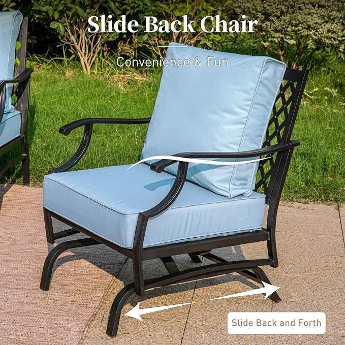 SUNSHINE VALLEY 4 Piece Metal Outdoor Patio Furniture Set with 5000 BTU Firepit Table, Patio Conversation Sets 1 3-seater Sofa, 2 Rocking Chair with 5.75" Thick Cushion, Black Backyard Furniture, Blue