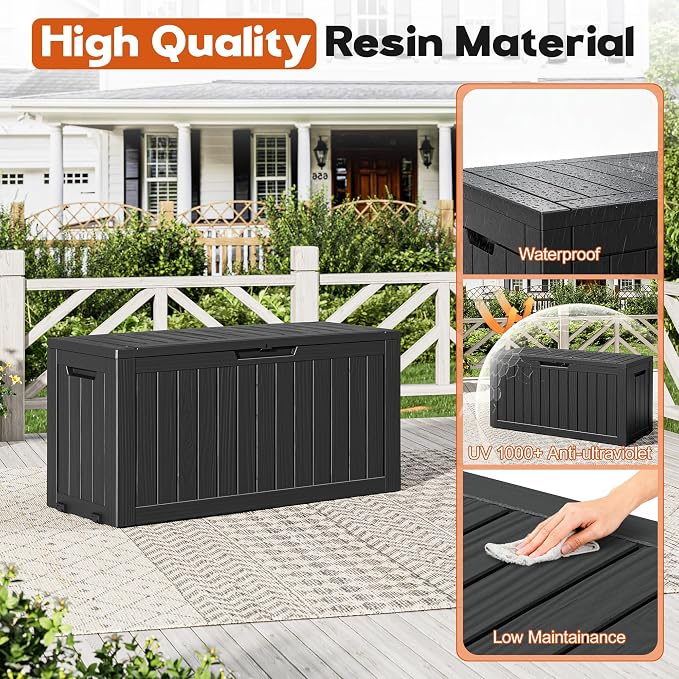 Outdoor Storage Box, Resin Deck Boxes Indoor and outdoor, Waterproof Storage Box Lockable Lid (Black, 85 Gallon)