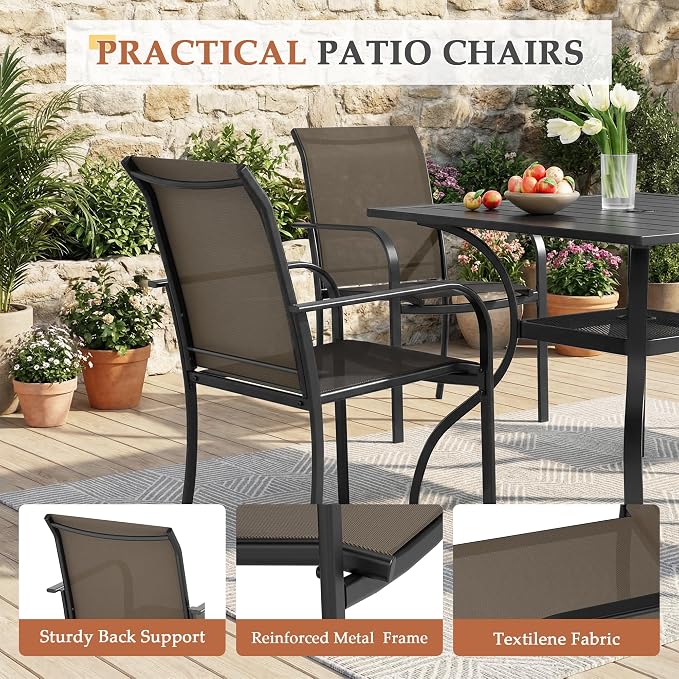 Crownland 5 Piece Patio Dining Set, Outdoor Textilene Dining Sets, 4 Textilene Metal Chairs and Square Outdoor Dining Table with Sky Blue 9FT Round Outdoor Umbrella (Brown)