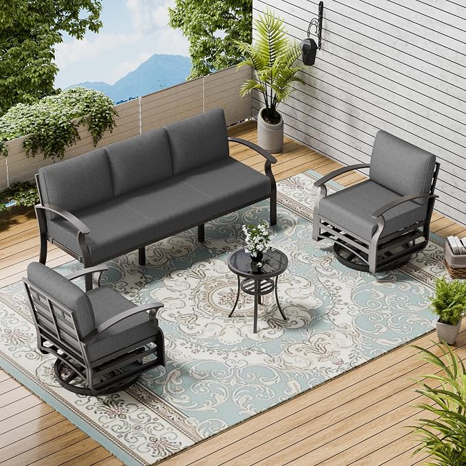 Patio Furniture Set 3-Piece Aluminum Armrest Sofa, All-Weather Patio Conversation Set with Tempered Glass Top Table & Removable Sponge Cushions for Backyard Poolside - Grey
