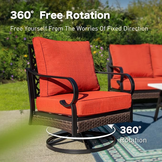 SUNSHINE VALLEY 5 Piece Metal Outdoor Patio Furniture Sets with Firepit Table, Patio Conversation Sets 1 3-Seater Sofa, 1 Loveseat, 2 Swivel Chair with 5.75" Cushion for Backyard Deck, Rust Red