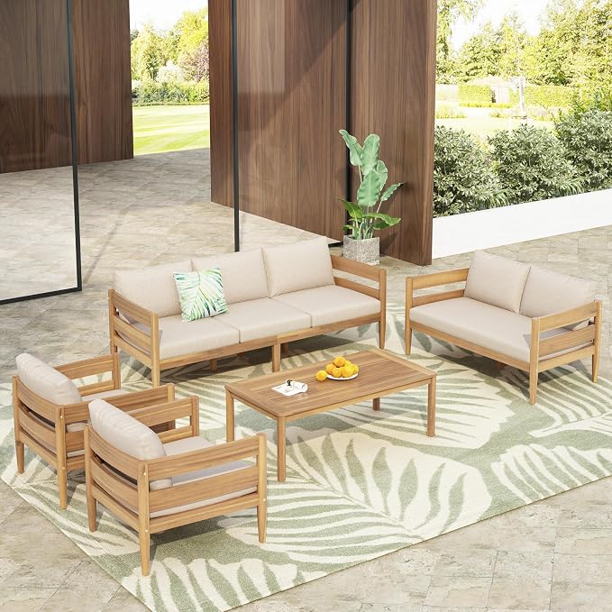 Christopher Knight Home Kory 5-Piece Acacia Wood Patio Furniture Set, Outdoor Conversation Sofa Chat Set with Club Chair and Coffee Table, Patio 7-Seater Seating Group for Backyard Balcony, Teak+Beige