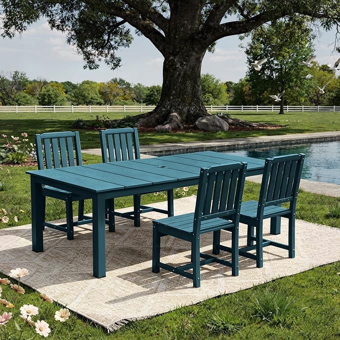 AreShark 5-Piece Outdoor Dining Set,HDPE Patio Table with 4 Armless Chairs,All-Weather Patio Furniture Set with Umbrella Hole,Low Maintenance Wood Grain Dining Set for Backyard,Garden,Poolside,White