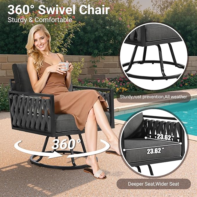 Weaxty Modern Patio Furniture Set 6 Piece, Rope Outdoor Patio Conversation Sets Sectional Sofa Swivel Chairs Table Ottoman, All Weather Metal Balcony Furniture for Backyard Garden, Black