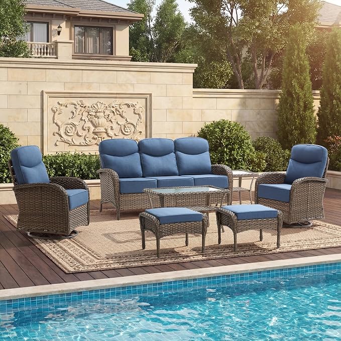 High Back Luxury Patio Furniture Set with 6-inch Thick Cushion, Swivel Rocker Patio Chairs with Outdoor Couch, 7 Piece Wicker Conversation Set for Deck Yard Garden Balcony Blue