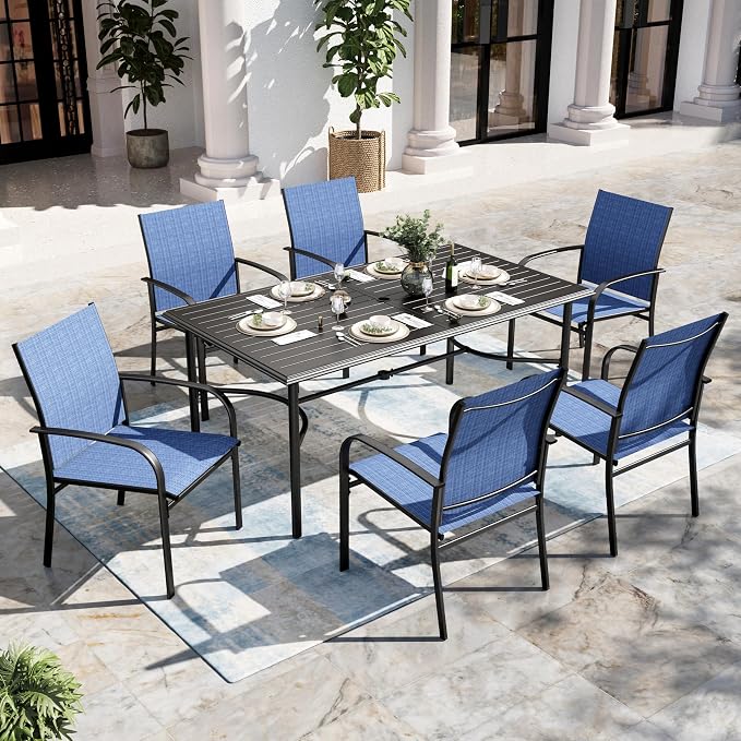 SUNSHINE VALLEY 7 Piece Patio Dining Set for 6, Rectangular Metal Dining Table with Umbrella Hole and 6 Textilene Chairs, Outdoor Table and Chairs Set for Lawn Backyard and Deck, Blue