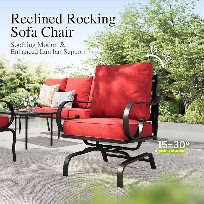 Sophia & William Patio Conversation Set for 4, 4 Rocking Chairs and a 28" Square Fire Pit Table, Metal Outdoor Furniture with 5.75" Extra Thick Cushions, Red