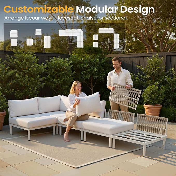 5-Piece Aluminum Modern Outdoor Sectional Sofa with Coffee Table - Weather-Resistant 31" Deep Seating Patio Conversation Set, 5.1" Thick Removable Cushions for Deck, Porch & Backyard, Beige