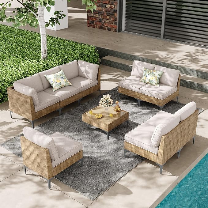 9-Piece Patio Furniture Set, Outdoor Wicker Sectional Sofa with Coffee Table, Anti-Slip & Thick All-Weather Cushions for Sunroom,Garden,Backyard, Beige