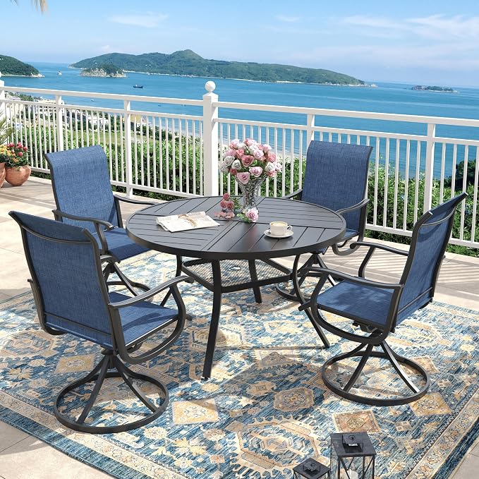 Outdoor Dining Set for 4, 40.7" Metal Round Outdoor Dining Table with Umbrella Hole and Sling Patio Swivel Chairs, 5 Pieces Patio Table and Chairs Set for Garden Backyard, Dark Blue and Black