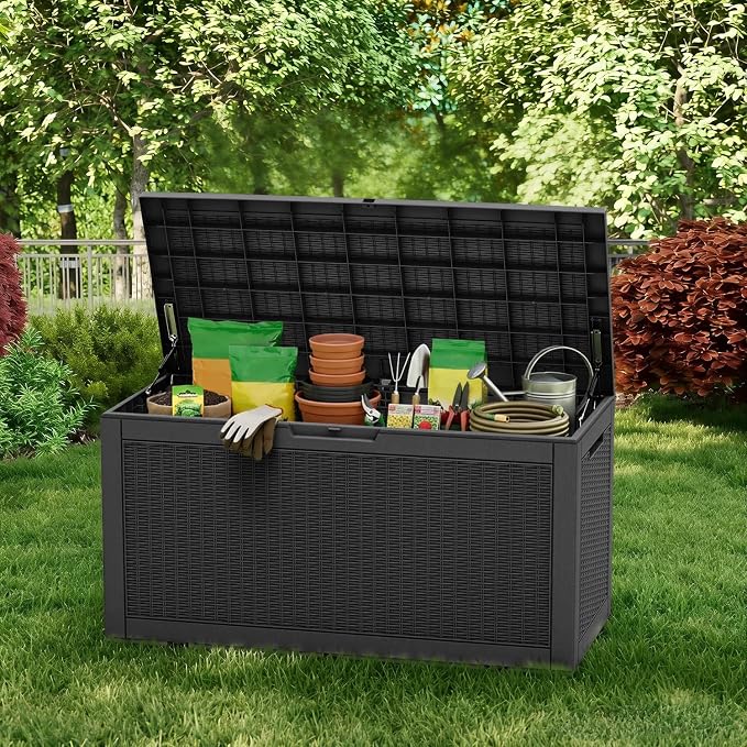 Pepe Tee Waterproof Resin Deck Box, Outdoor Storage Bin for Patio Furniture Cushions, All-Weather Garden Organizer & Seating Bench, Black