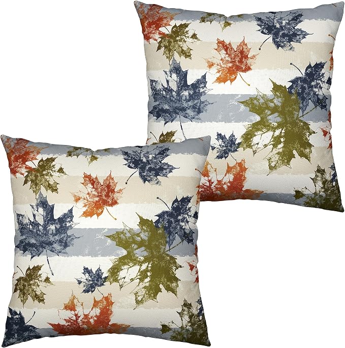 Thanksgiving Fall Maple Leaves Pillow Covers 22x22 Pack of 2 Autumn Throw Pillow Covers Modern Cotton Linen Square Pillow Case Blue White Stripes Pillowcase for Living Room Sofa Outdoor