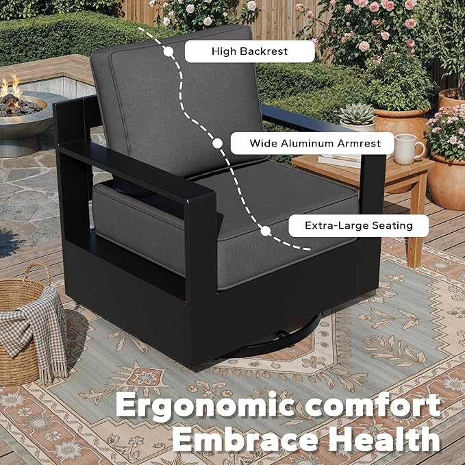 Outdoor Aluminum Furniture Set, 6-Piece Patio Conversation Set, 2 Swivel Chairs, 2 Chairs,1 Sofa and 1 Fireplace, All-Weather Metal Frame, 6" Thick Removable Cushions, Deep Setting for Porch