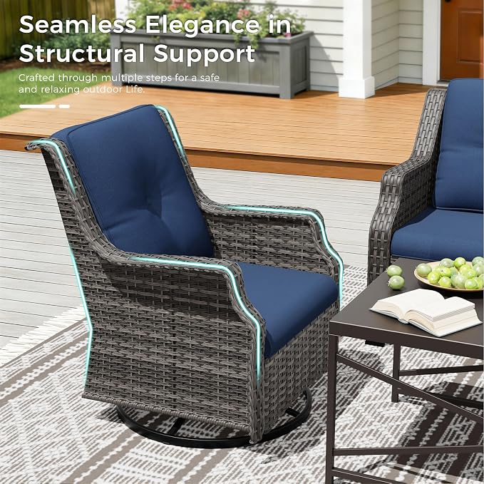 Outdoor Patio Furniture Set, 6 Piece Wicker Patio Furniture with Thick Cushions, Curved Armrest, Deep Seating, Outdoor Swivel Rocker Chairs for Porch, Deck, Balcony