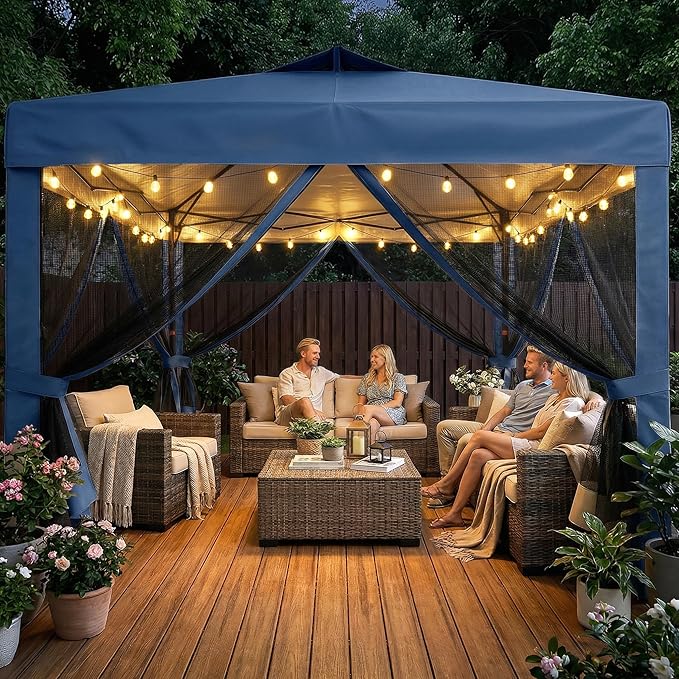 10x10 Pop Up Canopy Tent with Netting,Outdoor Portable Instant Folding Gazebo with 4 Ropes,4 Sandbags and Wheeled Storage Bag,3 Height Positions,Canopy for Patio,Yard,Camping (Blue)