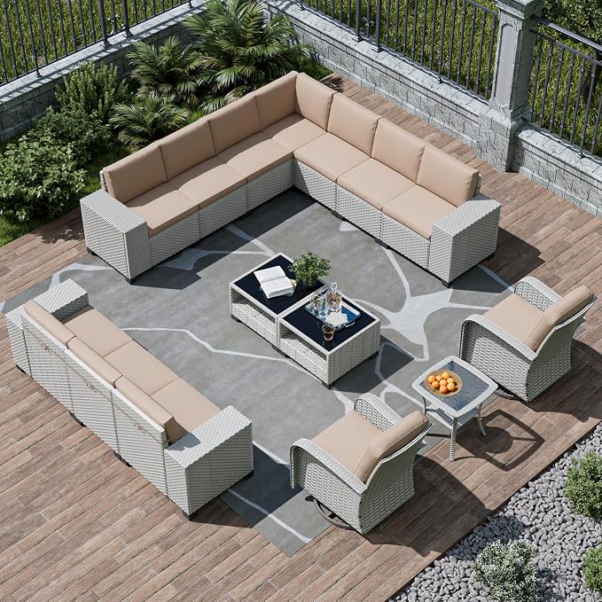 15-Piece Outdoor Patio Furniture Set, Modular Sectional Sofa Set with Swivel Rocker Chairs, Wicker Outdoor Couch Conversation Sets w/Coffee Table and Cushions, Khaki