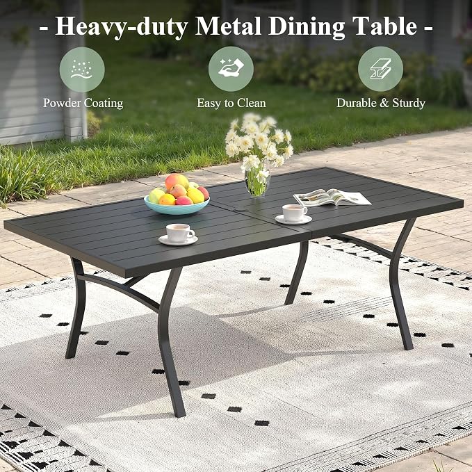 7 Pieces Patio Dining Set, 63" Outdoor Dining Table and Chairs Set for 6 Outdoor Furniture with Stackable Patio Chairs for Lawn Garden Backyard, Black Table and Black Chairs