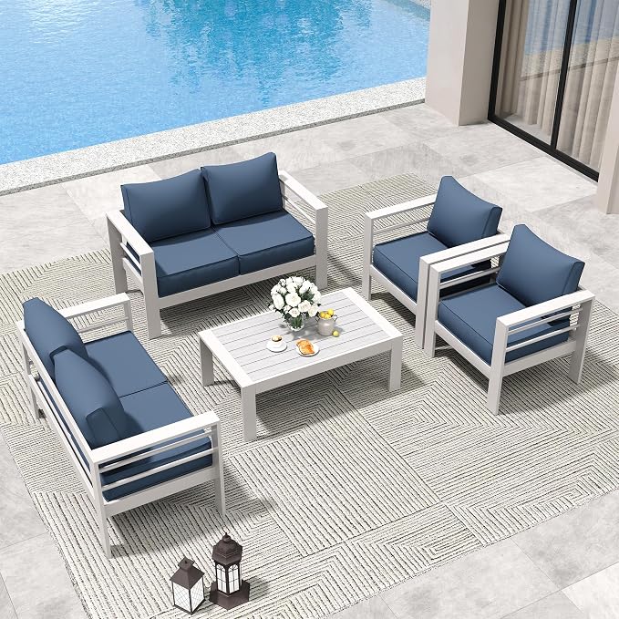 Amopatio Aluminum Patio Furniture Set, 7 Pieces Modern Patio Conversation Sets, Outdoor Sectional Metal Sofa with Coffee Table for Balcony, Garden, White&Blue (Included Waterproof Covers)