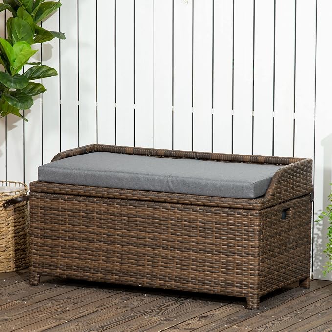 Outdoor Wicker Storage Bench Deck Box, PE Rattan Patio Furniture Pool Container Storage Bin with Interior Waterproof Bag and Comfortable Cushion, Gray