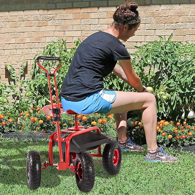 kinbor Rolling Garden Scooter Garden Cart with Tray, 360 Swivel Seat, Red