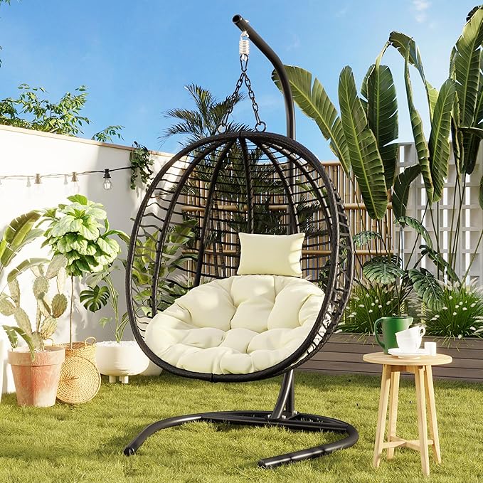 Folding Egg Chair, Outdoor Hanging Hammock Chair with Stand, Patio Wicker Hanging Chair with Iron Frame and Plush Cushion & Removable Headrest for Bedroom, Balcony, Garden (C-BlackBeige)