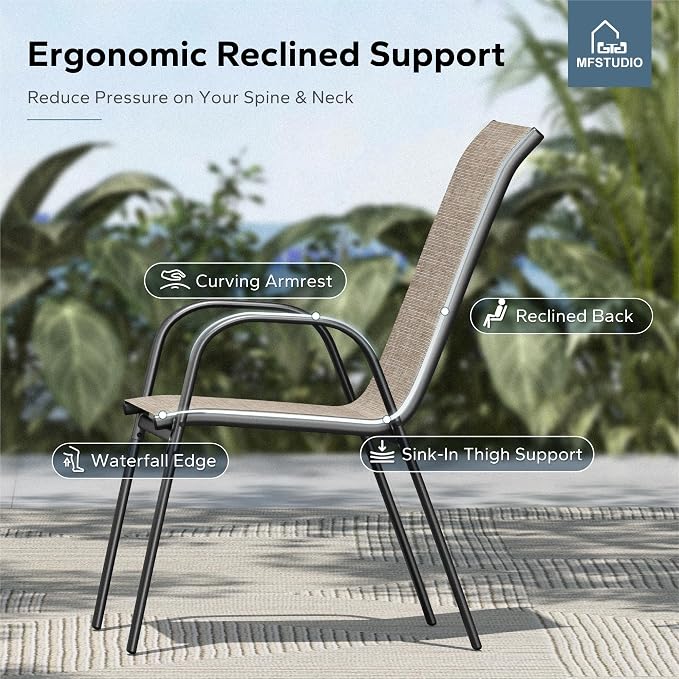 MFSTUDIO Patio Table and Chairs Set of 6, Outdoor Dining Set with Umbrella Hole, 7 Piece Patio Furniture Dining Set with Stackable Chairs