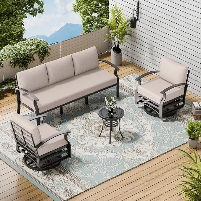 Patio Furniture Set 3-piece Aluminum Armrest Sofa, All-Weather Patio Conversation Set with Tempered Glass Top Table & Removable Sponge Cushions for Backyard Poolside - Sand.