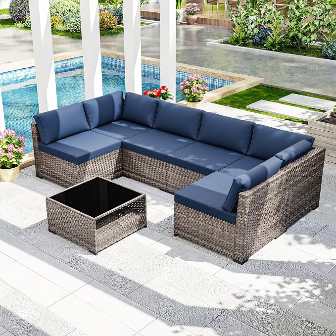 Joyside 7-Piece Patio Furniture Set, Rattan Outdoor Sectional Wicker Patio Conversation Set with Cushions and Coffee Table