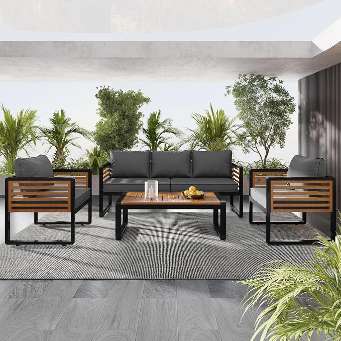 Large 4-Piece Outdoor Furniture Sofa Conversation Set for 5 Person, Garden Sofa with Removable Cushions, Metal and Wood Frame, Acacia Wood Tabletop in Gray