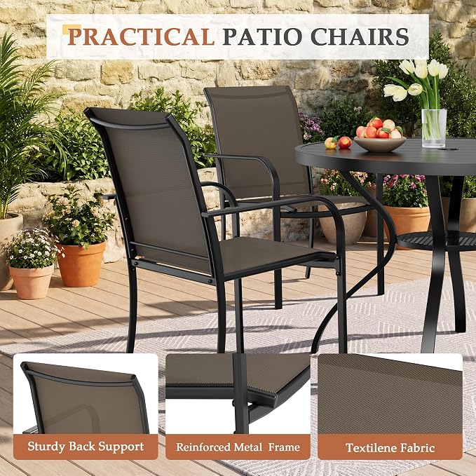 Incbruce 5 PCS Patio Dining Set, Outdoor Dining Set of 4 Textilene Chairs and 41" Round Table with Umbrella Hole for Backyard, Garden, and Poolside (Brown)