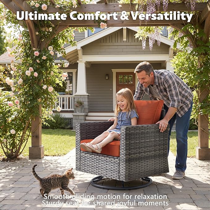 CAODOC 7 Pieces Outdoor Wicker Patio Set with 7 Seats, Including 53" Fire Pit - Swivel Rocker Chairs and Conversation Set for Backyard or Lawn, Gray Rattan with Waterproof Red Cushions