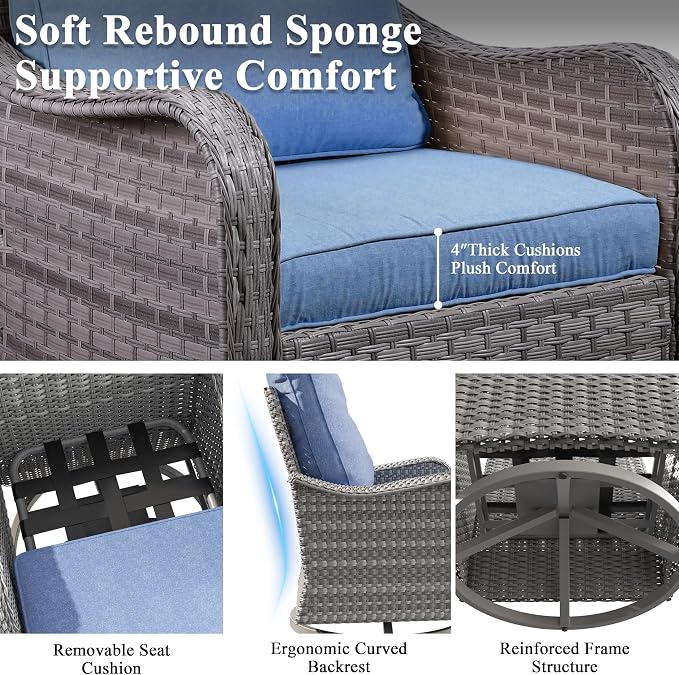 3 Piece Patio Furniture Set with Swivel Rocking Chairs, Outdoor Wicker Conversation Set with 4" Cushions, Glass Side Table, PE Rattan and Rust-Resistant Frame, Navy