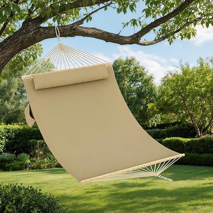 Extra Large Quilted Double Hammock for 2 – 350cm Outdoor Swing Bed with Wooden Spreader Bar, Detachable Pillow, Chains, 450lbs Capacity – Ideal for Patio, Garden, Indoor Use, Brown-Yellow