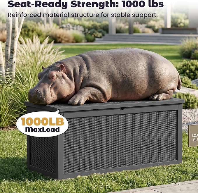 PatioZen 330 Gallon Outdoor Storage Box, Heavy Duty Resin Large Deck Box Organization for Garden Tools & Pool Accessories, Hydraulic Lift, All-Season UV-Resistant, Black