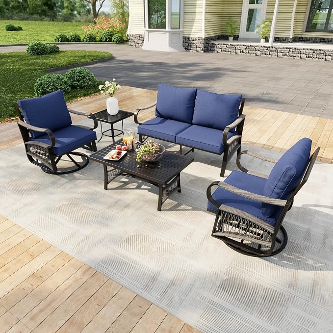 5 Pieces Patio Furniture Set, Rope Outdoor Conversation Sets with Swivel Chairs, Modern Metal Couch Sofa Seating Group with Coffee Table and Side Table (Blue Cushions)