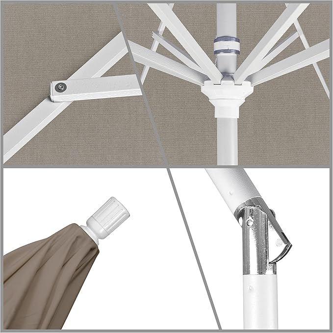 California Umbrella 11Ft Premium Sunbrella Patio Umbrella, Hand-Crank, Tilt-Collar, White Frame, Taupe Fabric