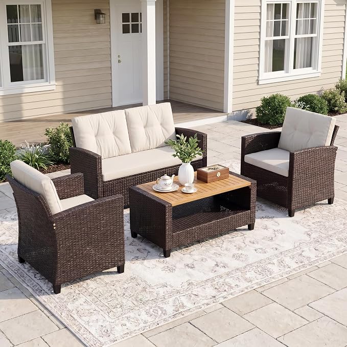 FansaFurn 4 Piece Outside Furniture, Wicker Patio Furniture Set, All Weather Outdoor Patio Sofa with Cushion and Acacia Wood Table, Outdoor Sofa for Backyard, Porch, Lawn, Patio, Deck, Garden, Beige