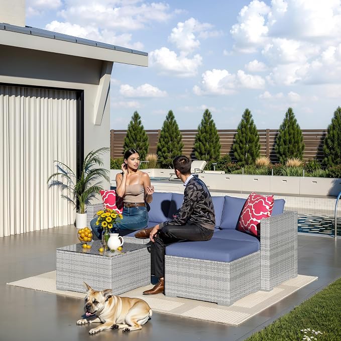 Garvee 5 Pieces Patio Furniture Set, Outdoor Glass Table and Cushions with Rattan Wicker Chairs, Patio Furniture Set for Porch, Balcony, Backyard, Garden, Gray & Blue