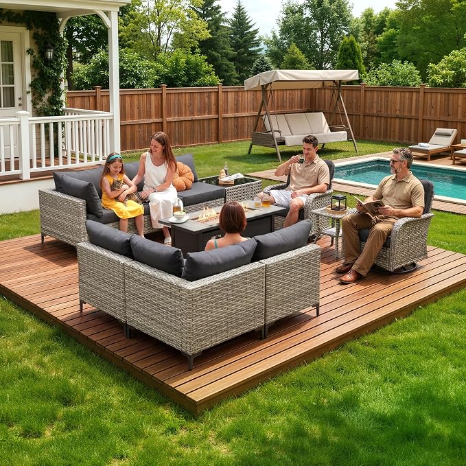 CAODOC 11-Piece Outdoor Sectional Sofa Set w/ 54" Fire Pit – L-Shaped Wicker Patio Furniture, Deep Seating & Swivel Rockers,Black