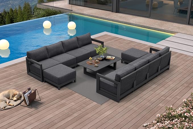 PURPLE LEAF Patio Furniture Set L-Shaped Outdoor Couch with 9.6" Thick Cushion and Soft Pillows 11 Piece Outdoor Sectional Sofas with Table Modern Outdoor Conversation Sets for Yard Porch Deck, Grey