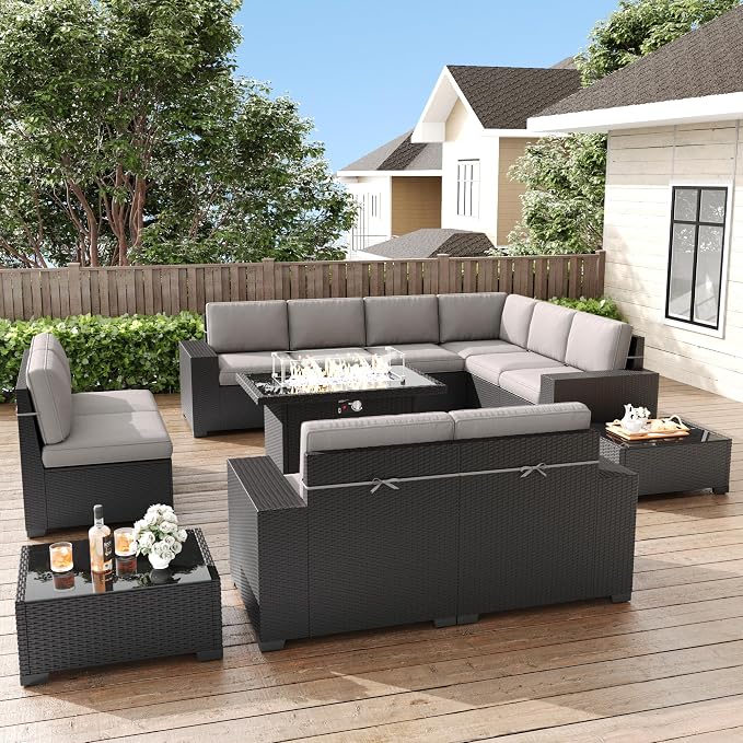 LayinSun 13 Pieces Patio Furniture Set with Fire Pit Table, Black Rattan Modular Sectional Patio Conversation Sofa Set