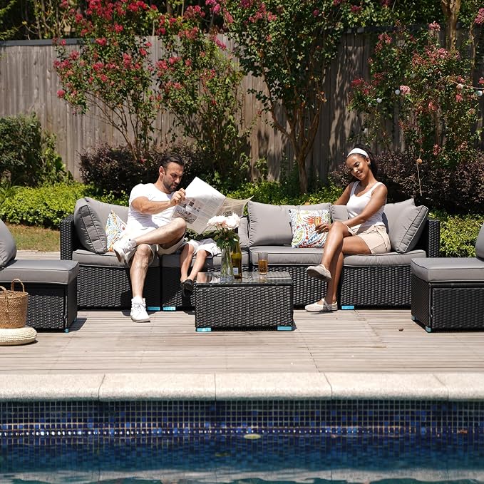 7 Piece Outdoor Sectional Outdoor Patio Furniture Set, Outdoor Patio Furniture Set with Coffee Table, Sectional Couch Sofa with Cushions, Wicker Outdoor Conversation Set for Backyard & Garden, Beige