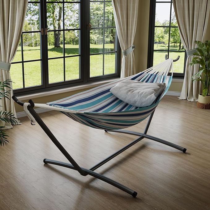 Heavy Duty Double Hammock with Steel Stand – 2 Person Cotton Hammock, 450lbs Capacity, Portable for Indoor & Outdoor, Garden, Patio, Camping, with Carry Bag, Ocean Color