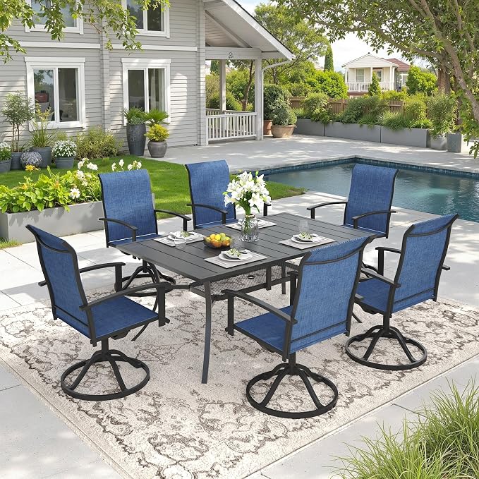 DIFY 7 Pieces Outdoor Dining Set, Metal Patio Table and Chairs Set for 6 with Umbrella Hole, 59.2" Black Rectangle Table and Blue Textilene Swivel Patio Chairs for Garden, Backyard, Poolside