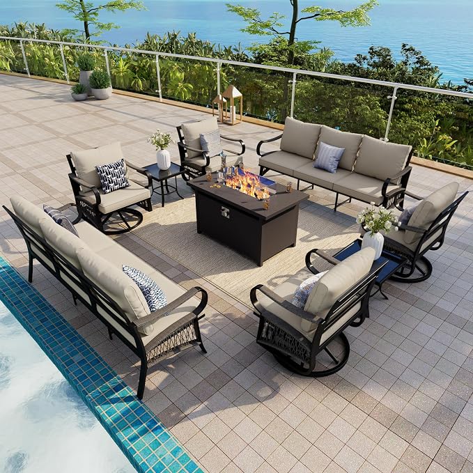 9-Piece Outdoor Furniture Set, Metal Swivel Rocking Chairs with All-Weather Cushions, Patio Conversation Set with Fire Pit Table for Deck, Porch, Garden, Backyard, Poolside (Beige Cushions)