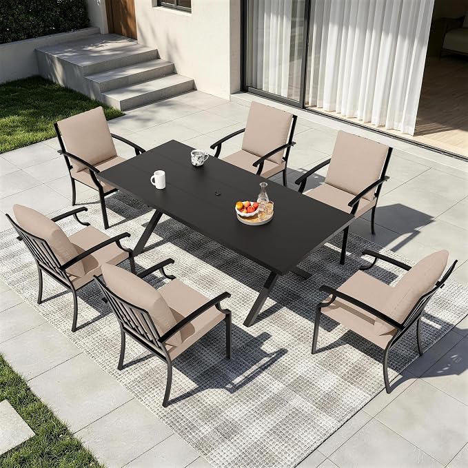 7 PCS Outdoor Patio Dining Set,Patio Table and Chairs Metal Outdoor Patio Furniture Set with Umbrella Hole,Dining Table Set with 6 Chairs for Deck,Backyard and Garden,Brown