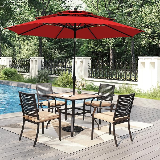 PHI VILLA Outdoor Table Chairs Set w/Umbrella, 5pc Patio Metal Furniture | 37" wrought iron square table w/ polywood top & stackable chairs for 4. 10ft red umbrella. Dining set for deck, porch