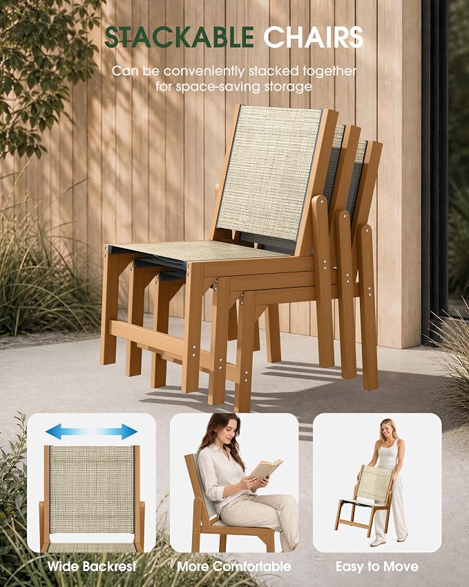 SUUNYN Patio Stackable Chairs Set of 2, HDPE Armless Outdoor Dining Chairs with Wide Seat, All-Weather Textilene Oversized Porch Chair for Garden, Poolside, Backyard, Deck | Teak