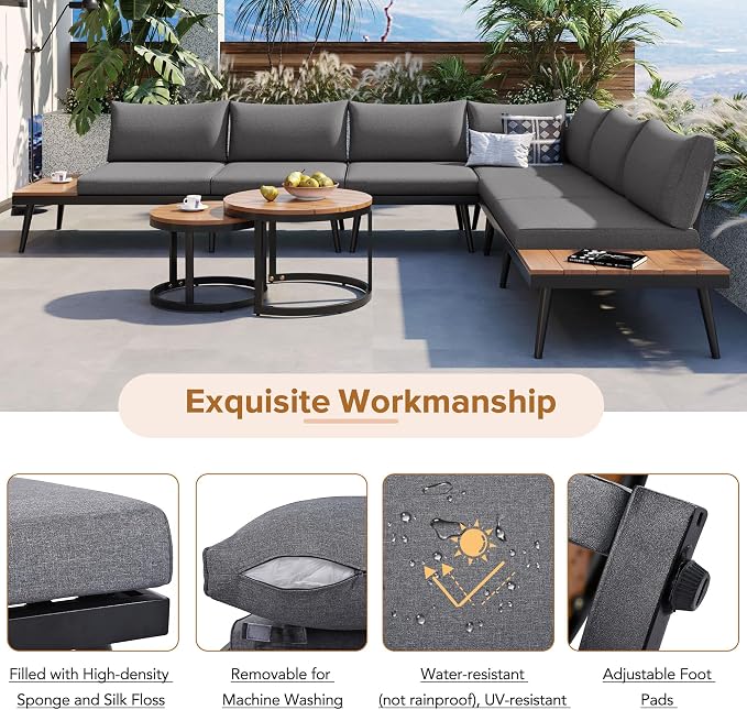 6-Piece Metal Outdoor Sectional Sofa Set with Round Nesting Coffee Tables, L-Shaped Patio Furniture Set Seating Sofa with Cushions for Patio, Porch and Garden, Gray